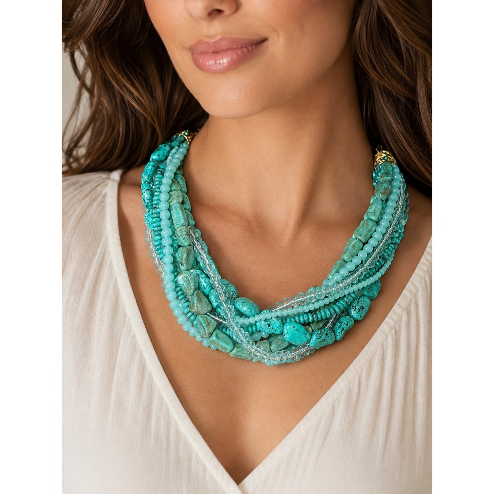 Multi Strand Turquoise Beaded Statement Necklace Gold Tone Boho Western